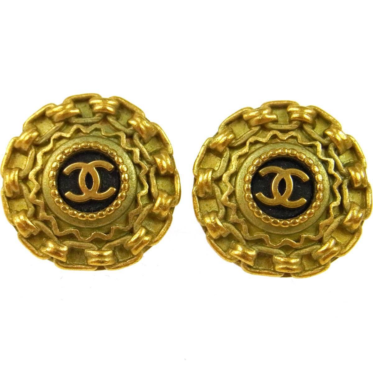 Chanel Gold Textured Chain Link Charm Evening Stud Earrings