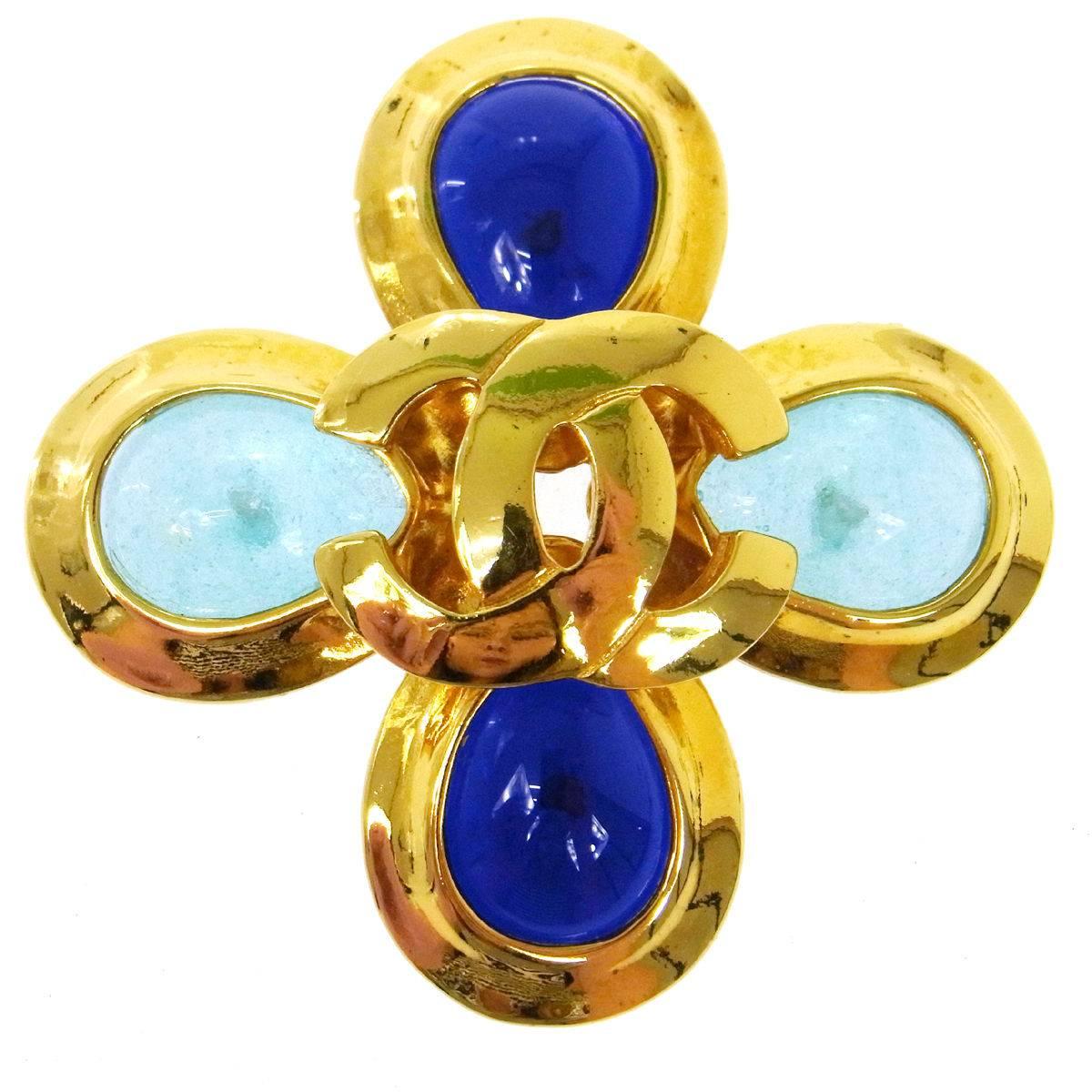 Chanel Gold Charm Cross Gripoix Turquoise Evening Pin Brooch 