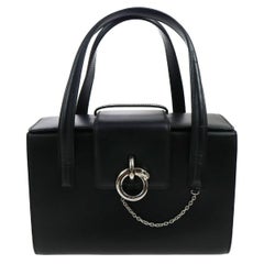 Retro Cartier Black Leather Silver Charm Chain Evening Top Handle Satchel Bag