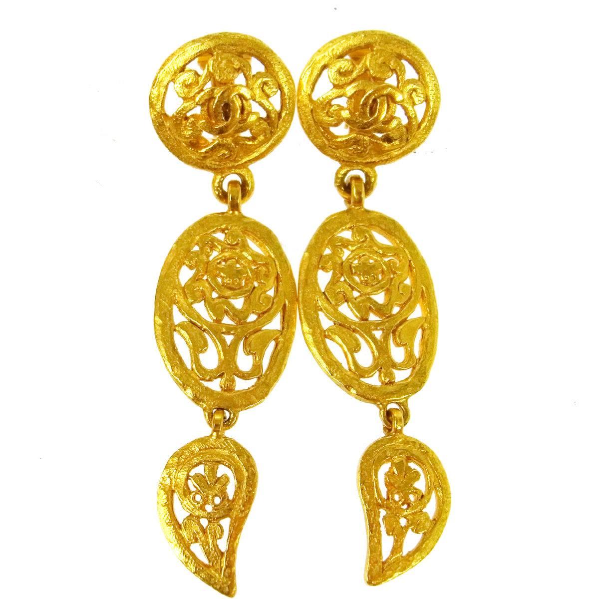 Chanel Gold Textured Filigree Chandelier Long Dangle Drop Evening Earrings