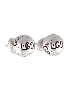 Gucci 18K White Gold Black GG Logo Charm Ball Stud Earrings in Box