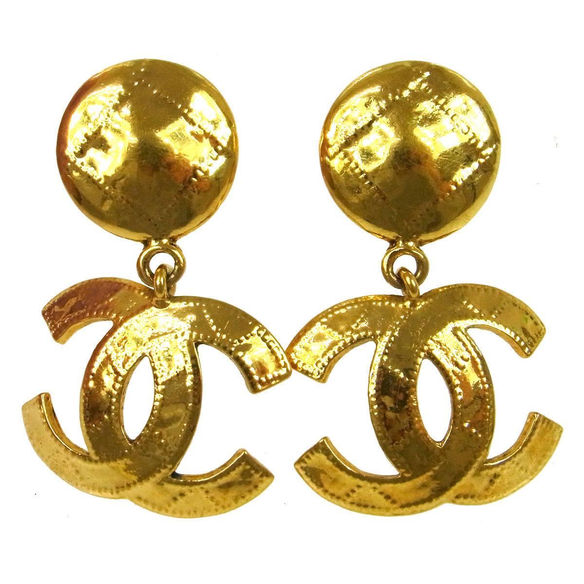 Chanel Gold Textured Ball CC Logo Charm Dangle Drop Evening Earrings