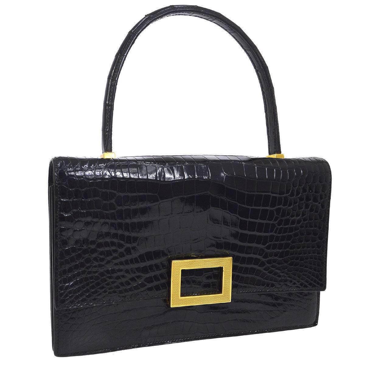 Hermes Black Leather Gold Emblem Evening Kelly Style Top Handle Satchel Bag