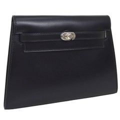 Hermes Black Leather Palladium Evening Envelope Clutch Bag