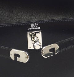 Hermes Black Leather Palladium Evening Envelope Clutch Bag