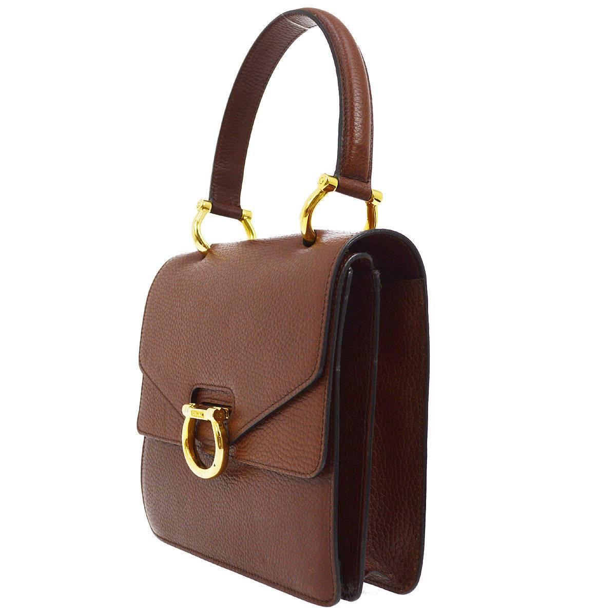 Brown Celine Cognac Leather Gold Kelly Style Evening Top Handle Satchel Flap Bag