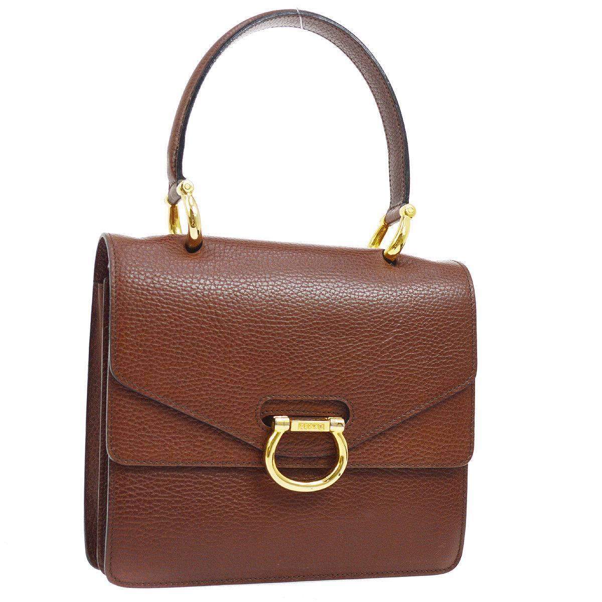 Celine Cognac Leather Gold Kelly Style Evening Top Handle Satchel Flap Bag
