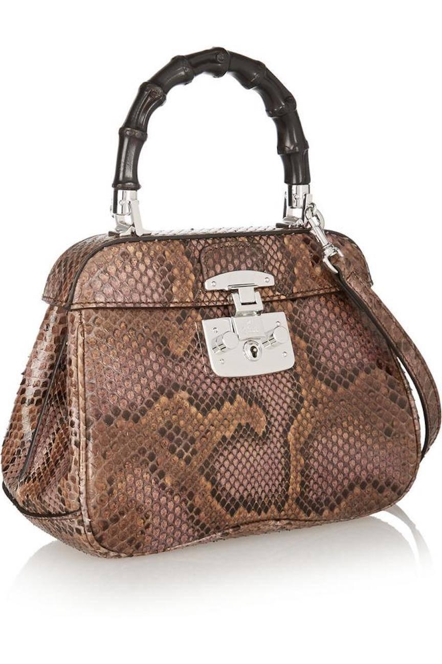 Gucci Python Leather Bamboo Kelly Style Top Handle Satchel Shoulder Bag In Excellent Condition In Chicago, IL