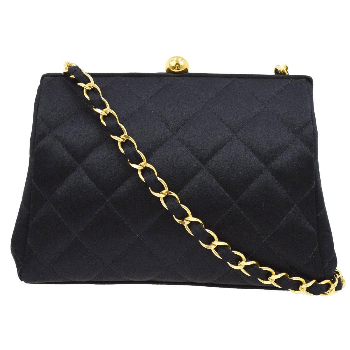 Chanel Black Satin Kisslock 2 in 1 Clutch Party Evening Shoulder Flap Bag
