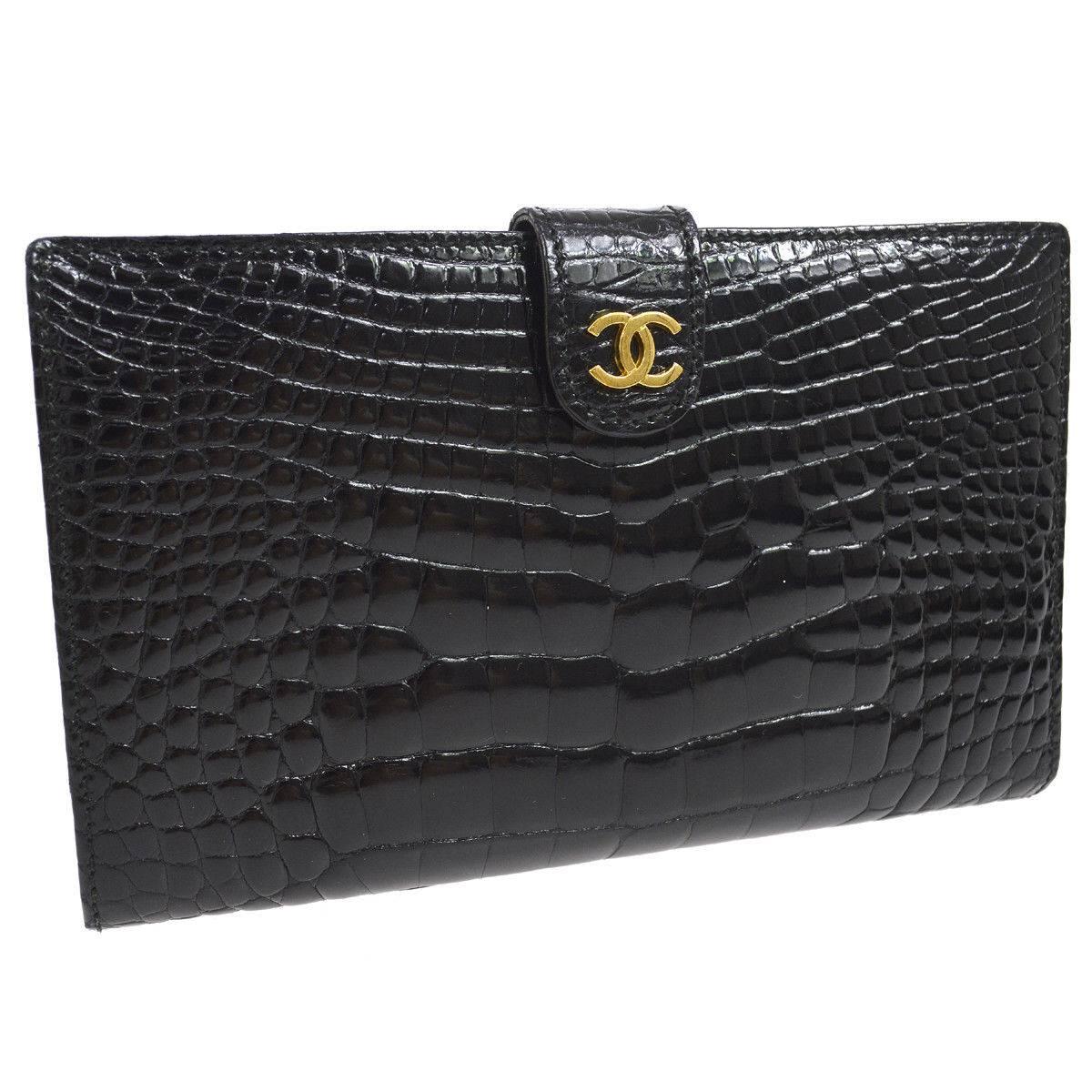 Chanel Rare Black Crocodile and Caviar LeatherEvening Gold Clutch Wallet in Box