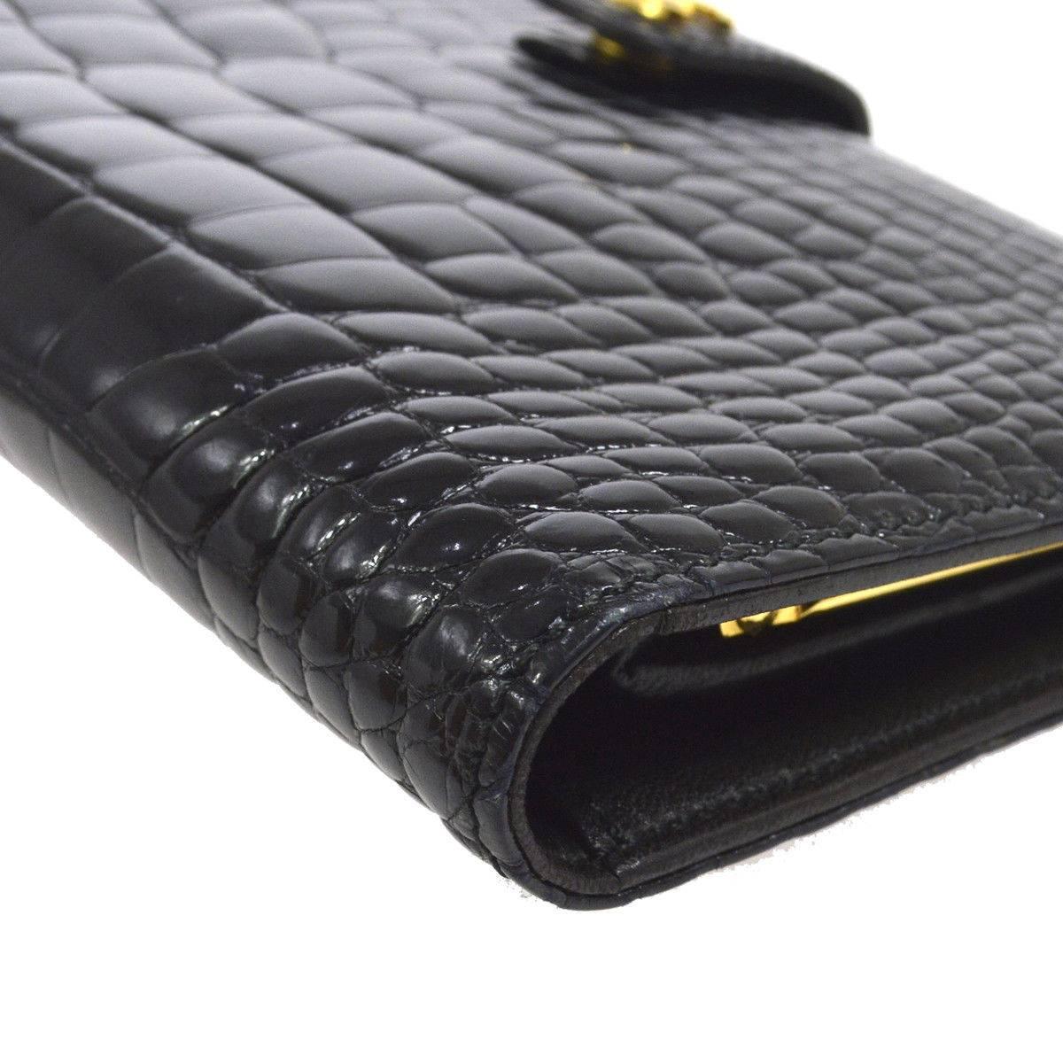 Women's Chanel Rare Black Crocodile and Caviar LeatherEvening Gold Clutch Wallet in Box