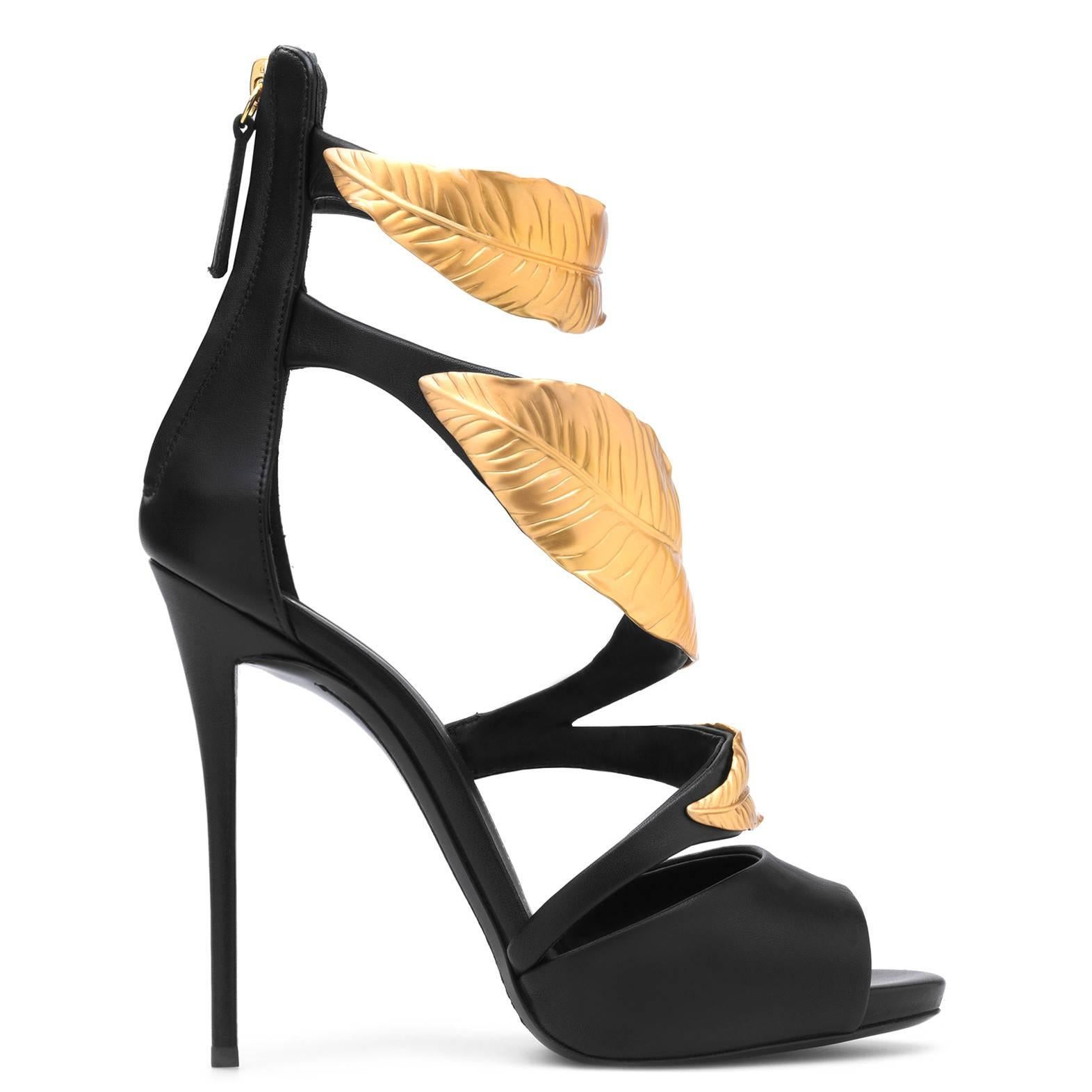 Giuseppe Zanotti New Black Leather Gold Leaf Evening Sandals Heels in Box  In New Condition In Chicago, IL