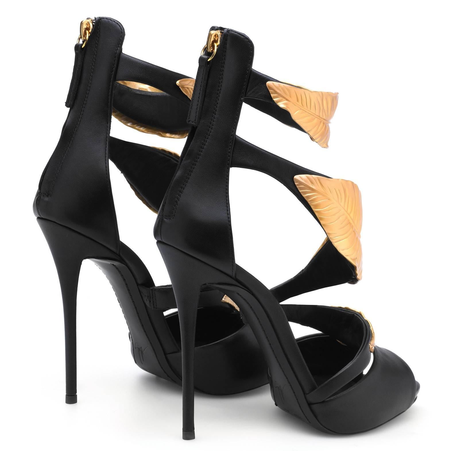 Women's Giuseppe Zanotti New Black Leather Gold Leaf Evening Sandals Heels in Box 