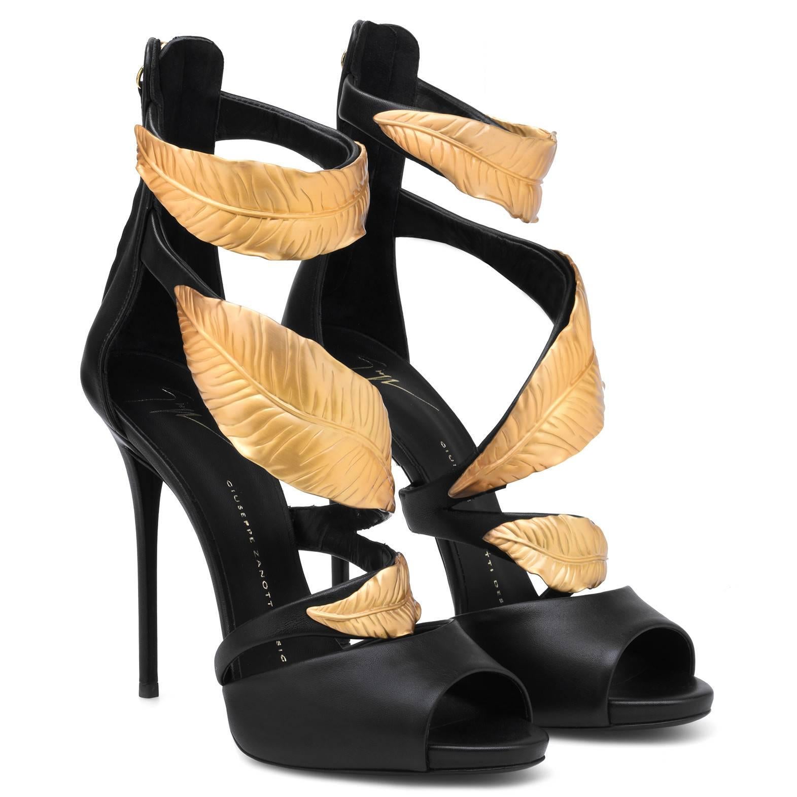 Giuseppe Zanotti New Black Leather Gold Leaf Evening Sandals Heels in Box 

Size IT 36.5
Leather 
Gold tone hardware
Made in Italy
Ankle zip closure
Heel height 4.75