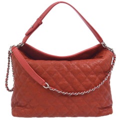 Chanel Red Leather Large Foldover Top Handle Carryall Hobo Shoulder Bag