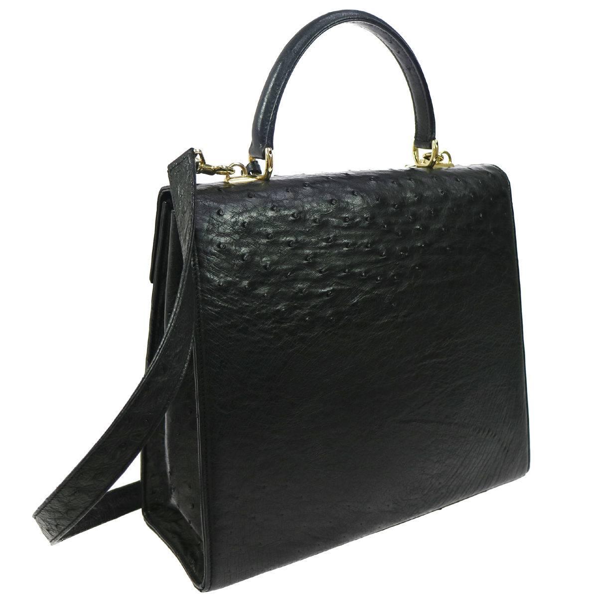 Gucci Black Ostrich Exotic Top Handle Satchel Kelly Style Shoulder Flap Bag In Good Condition In Chicago, IL