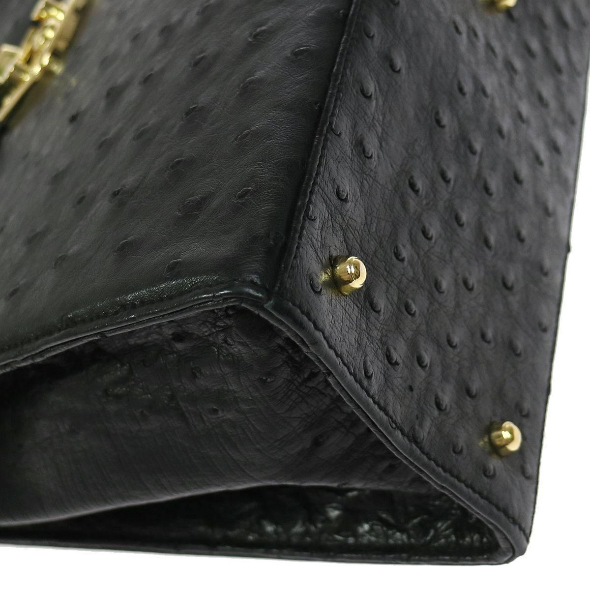 Women's Gucci Black Ostrich Exotic Top Handle Satchel Kelly Style Shoulder Flap Bag