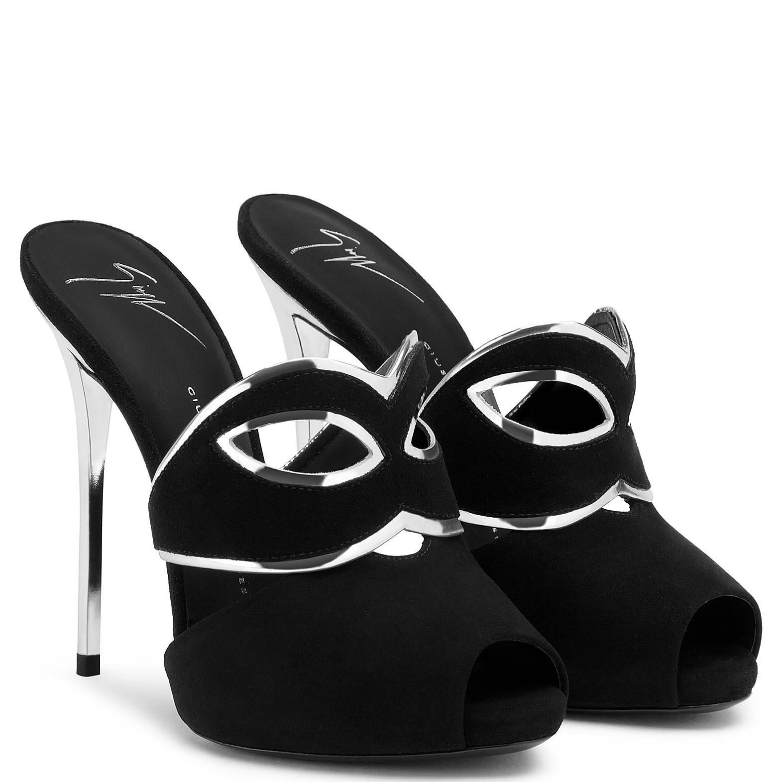 Women's Giuseppe Zanotti Black Suede Silver Mules Slides Sandals Heels 