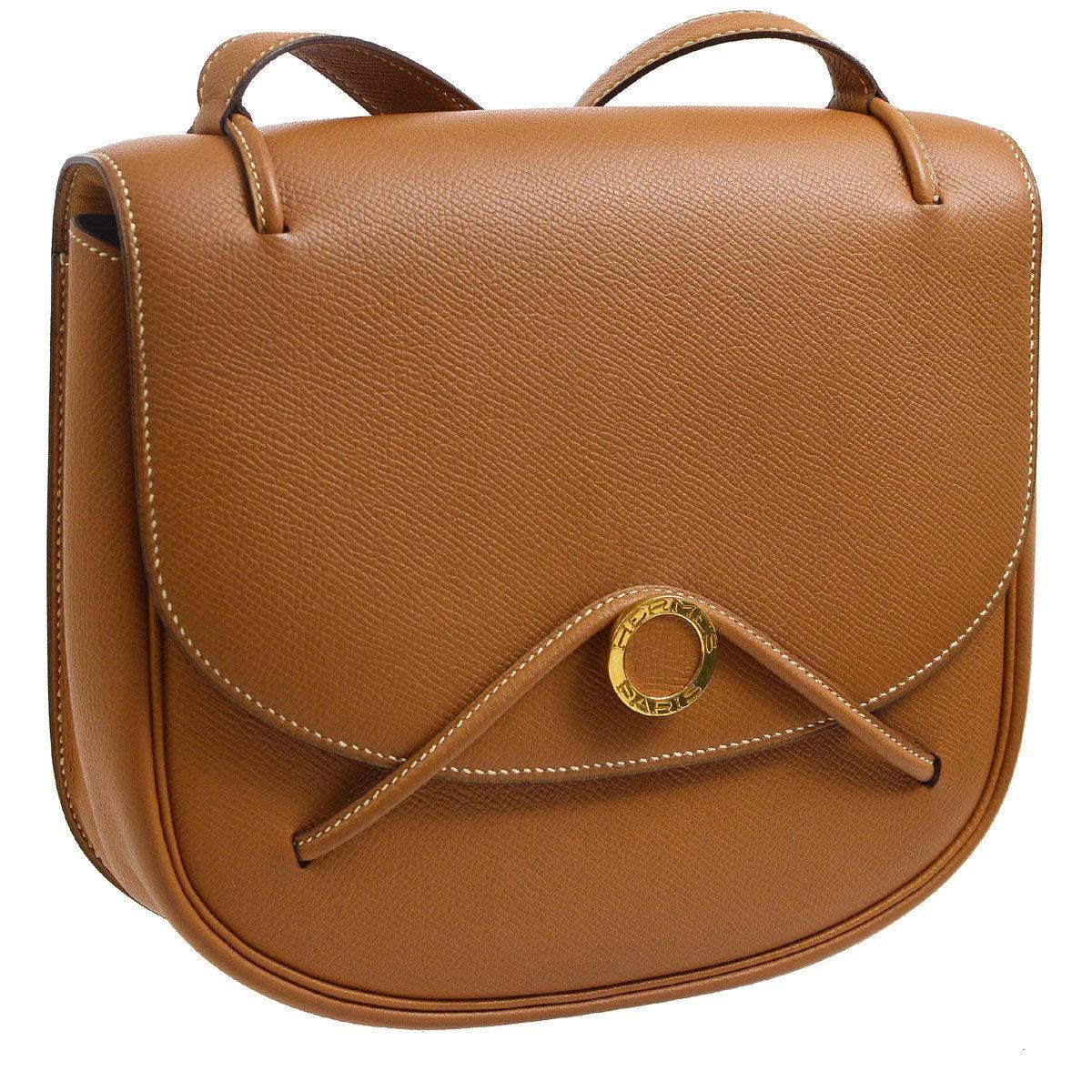 Hermes Rare Cognac Leather Gold Logo Saddle Crossbody Shoulder Flap Bag