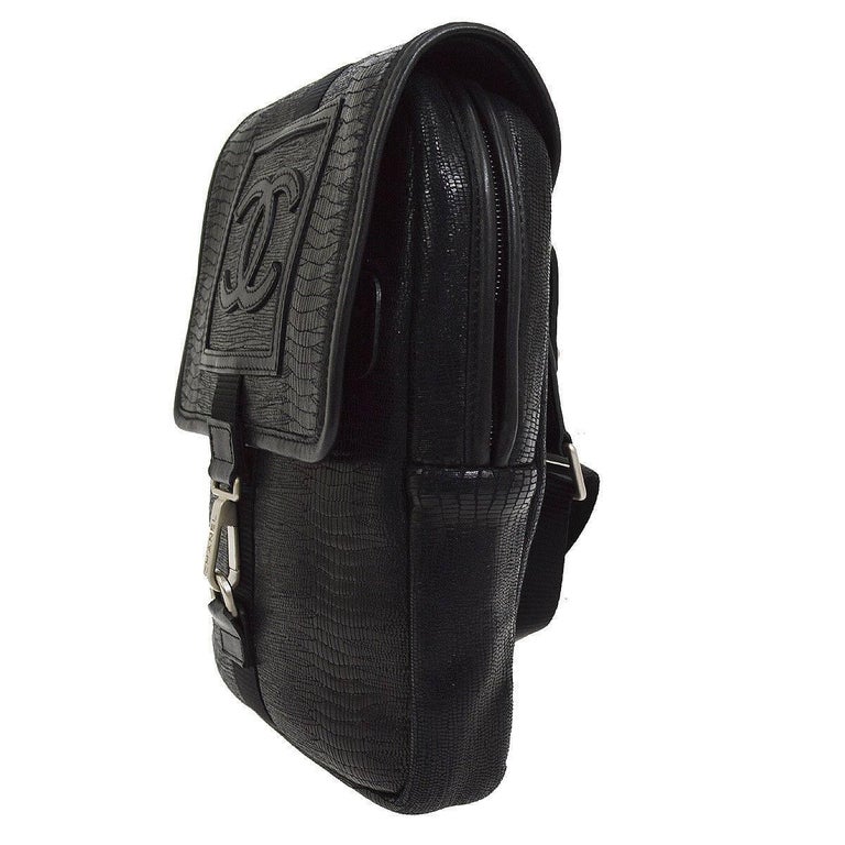 Chanel Black Leather Men's Women's Sling Back Travel Crossbody Shoulder Bag For Sale at 1stDibs