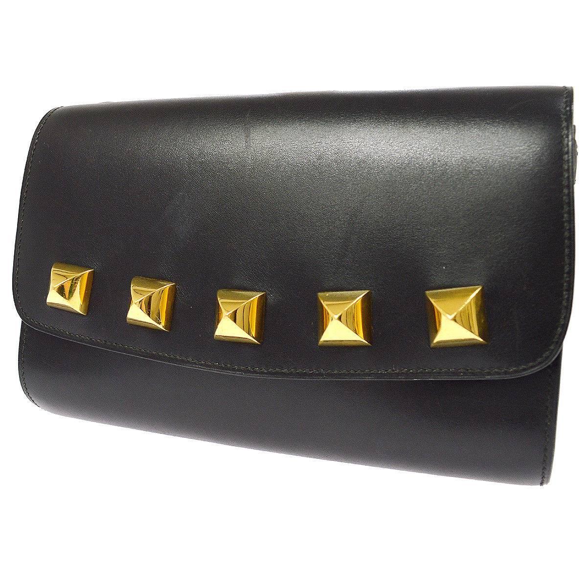 Hermes Black Leather Gold Studded 2 in 1 Clutch Evening Shoulder Flap Bag