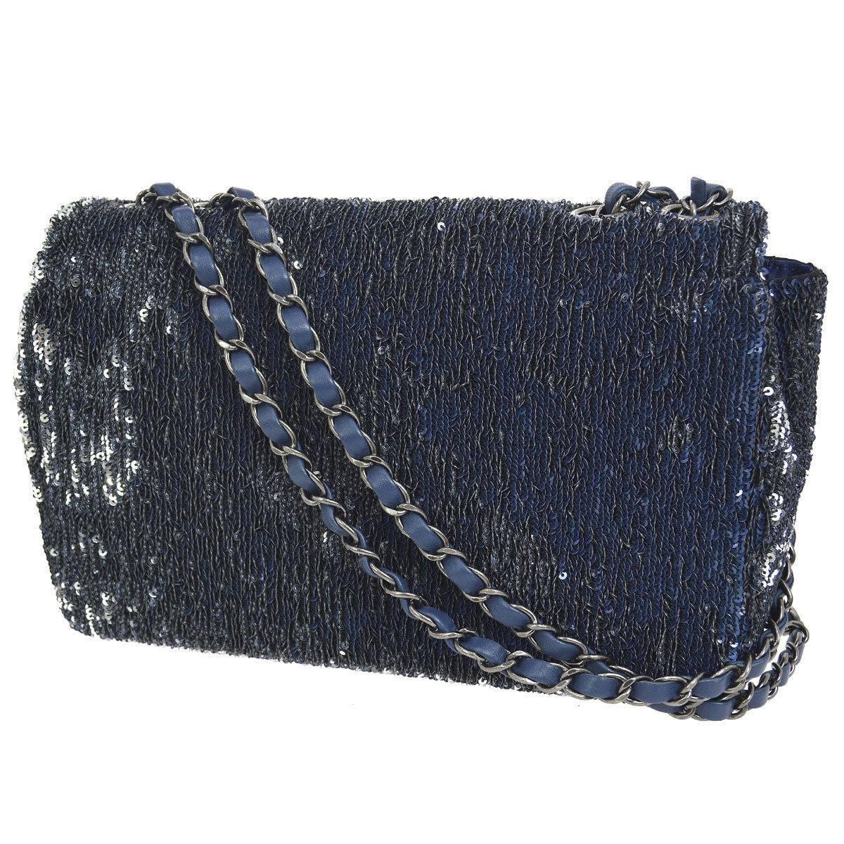 Black Chanel Limited Edition Blue Sequin Leather Single Double Shoulder Flap Bag