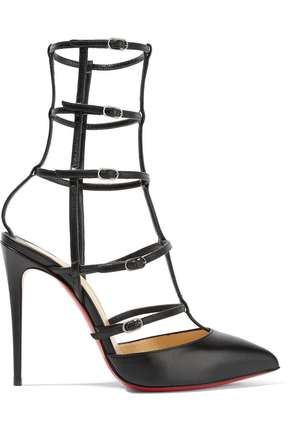 Women's Christian Louboutin Black Leather Cage Evening Sandals Heels Pumps in Box