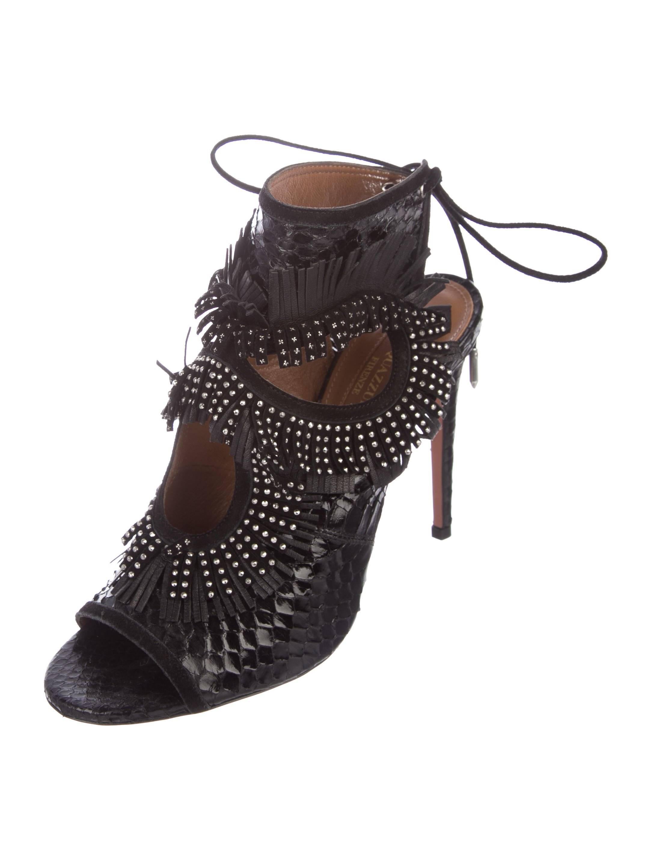 Aquazzura Black Snakeskin Leather Silver Stud Fringe Evening Sandals Heels In New Condition In Chicago, IL
