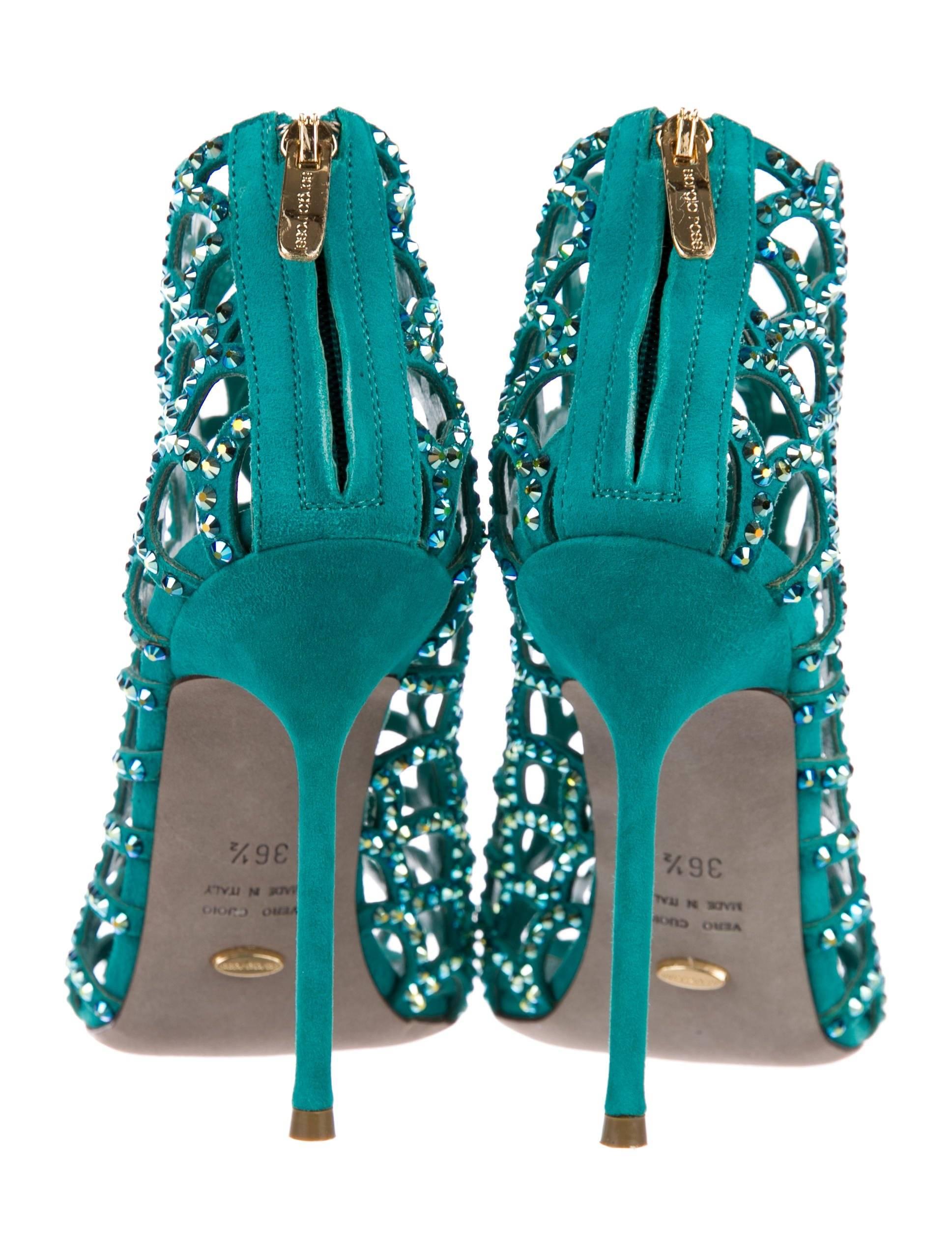 Blue Sergio Rossi Turquoise Suede Crystal Evening Booties Heels