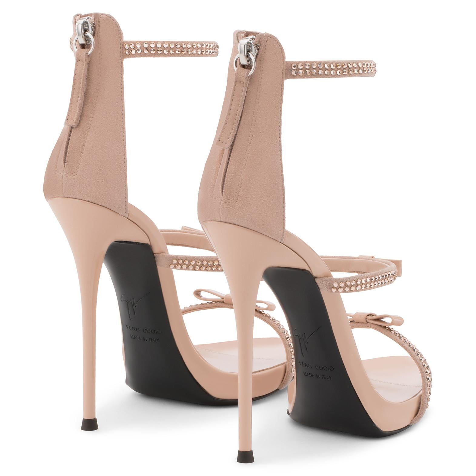 Giuseppe Zanotti Nude Blush Suede Crystal Evening Sandals Heels  In New Condition In Chicago, IL
