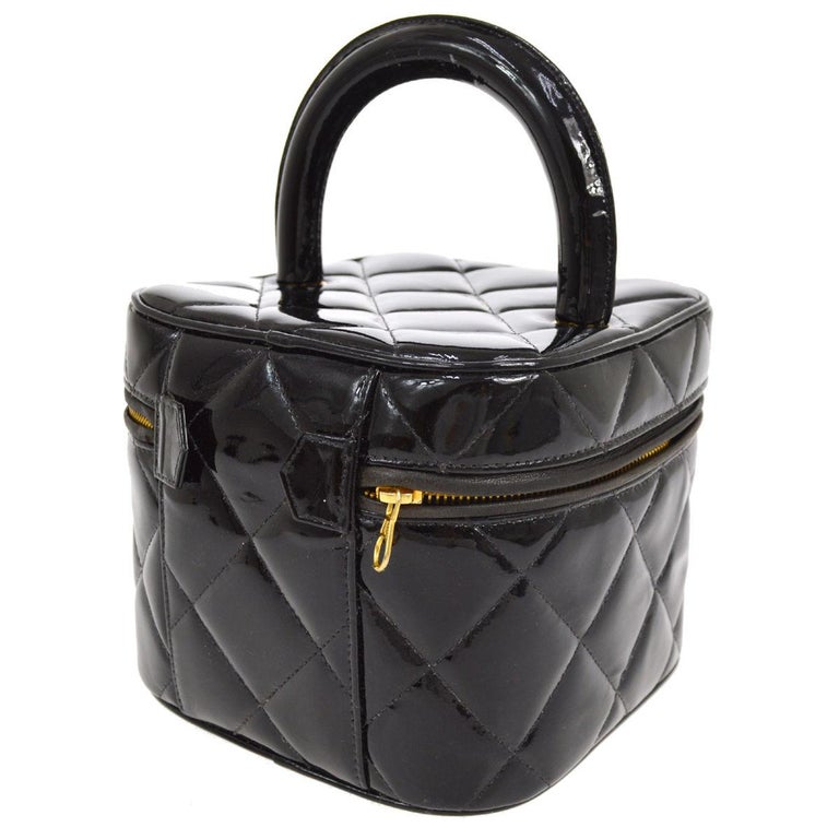 Chanel Black Patent Leather Quilted Top Handle Satchel Bag For Sale at