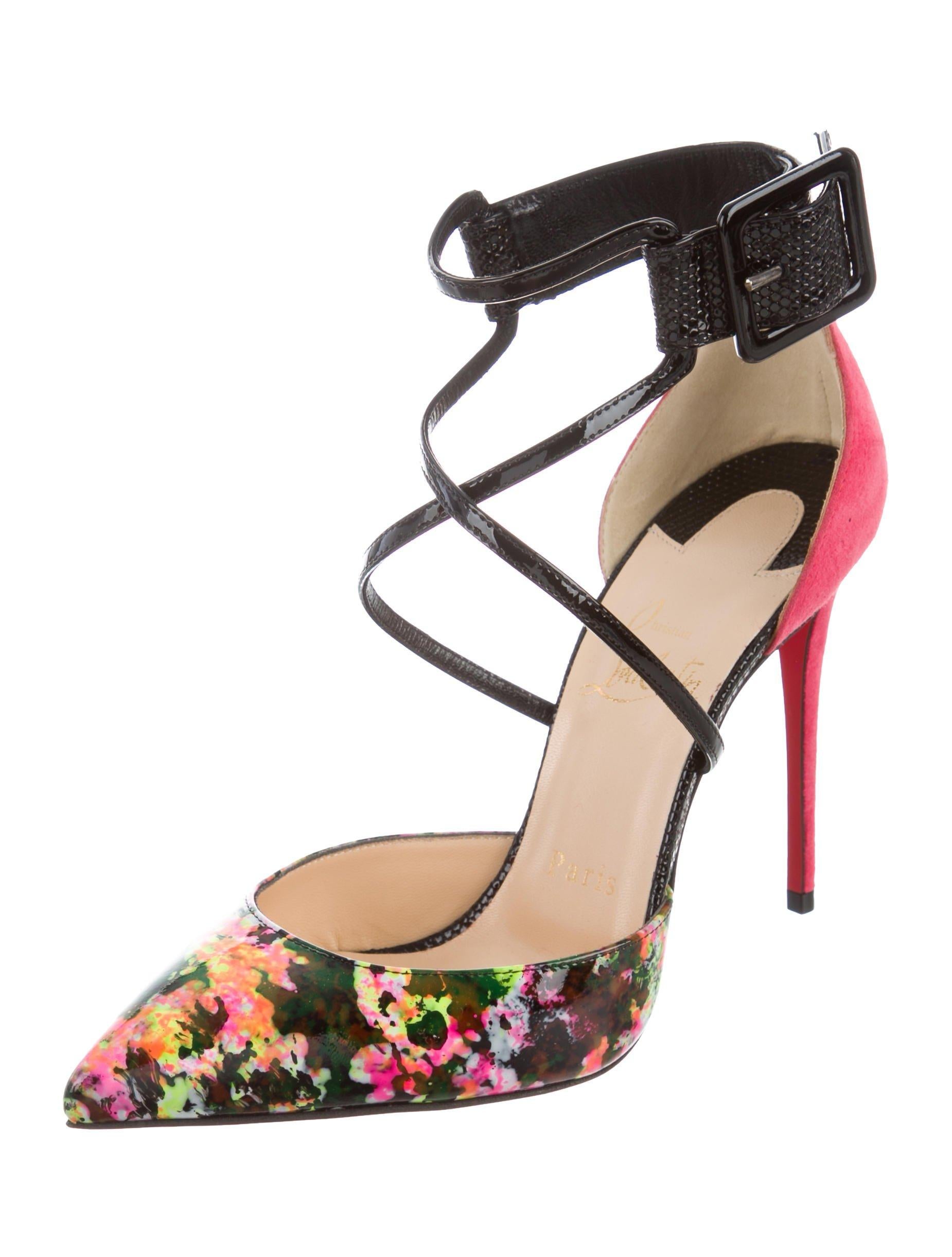 Brown Christian Louboutin NEW Pink Suede Patent Floral Pointy Evening Pumps Heels 