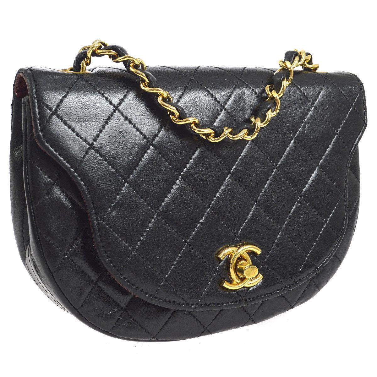 Chanel Vintage  Black Lambskin Semi Circle Small Evening Shoulder Flap Bag
