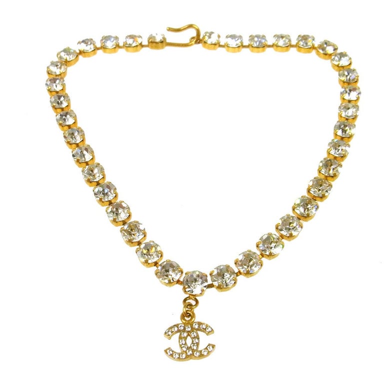 Chanel Vintage Gold Charm Rhinestone Evening Choker Necklace
