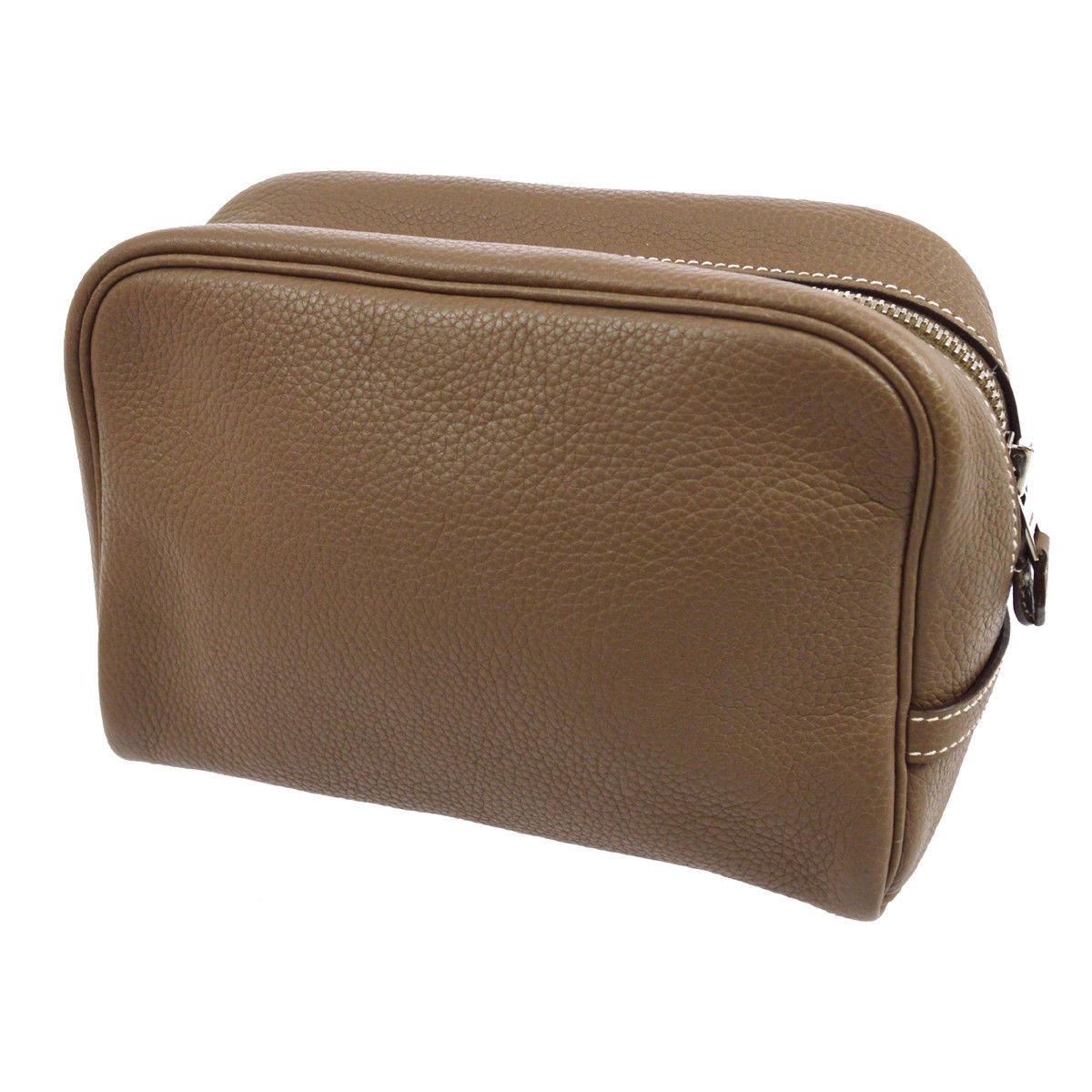 Hermes Leather Taupe Men's Women's Clutch Overnight Toiletry Travel Bag