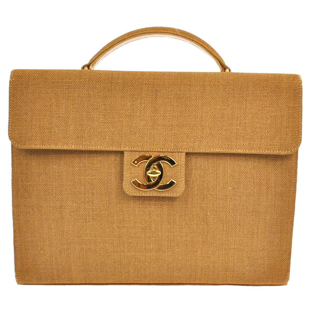 Chanel Vintage Cognac Tan Canvas Large Charm Top Handle Business Flap Bag