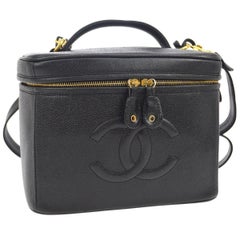 Retro Chanel Black Caviar Leather 2 in 1 Top Handle Satchel Travel Vanity Shoulder Bag