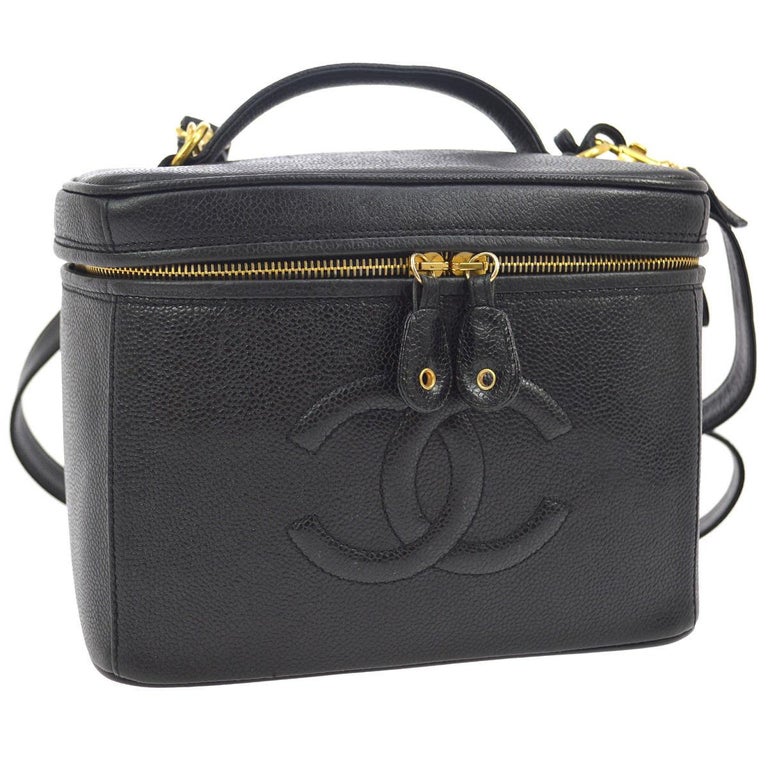 Chanel Black Caviar Leather 2 in 1 Top Handle Satchel Travel Vanity Shoulder Bag at 1stDibs