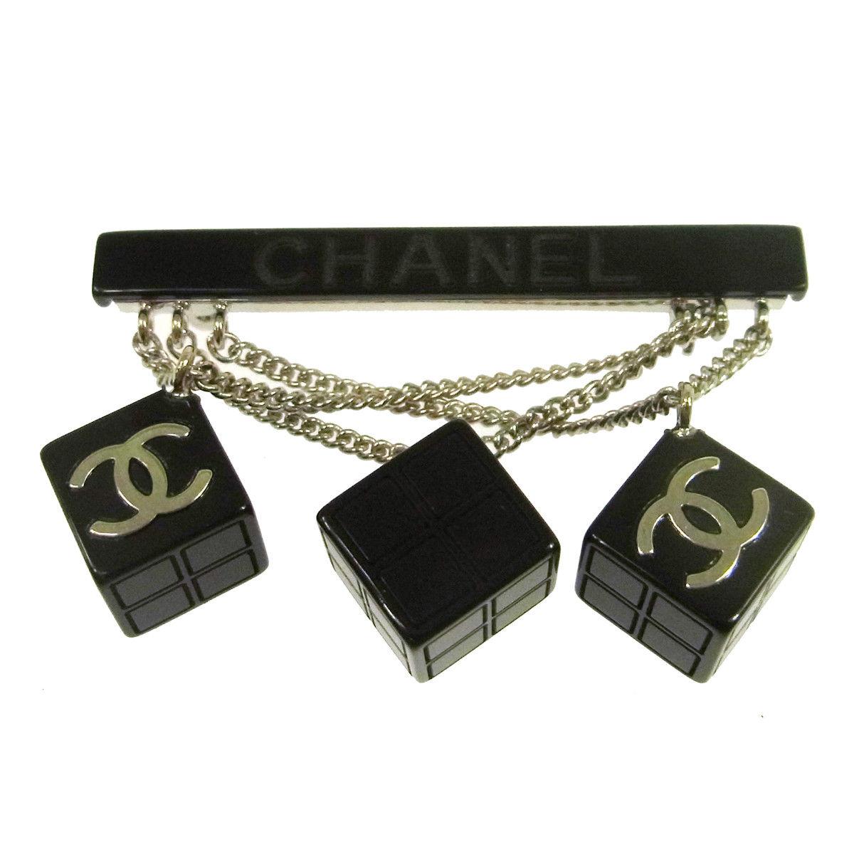 Chanel Black Chain Cube Dice Charms Evening Lapel Pin Brooch