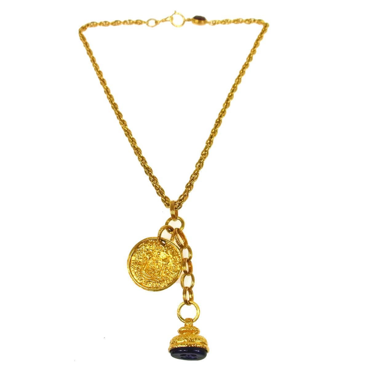 Chanel Vintage Gold Charm Gripoix Asymmetrical Evening Link Pendant Necklace