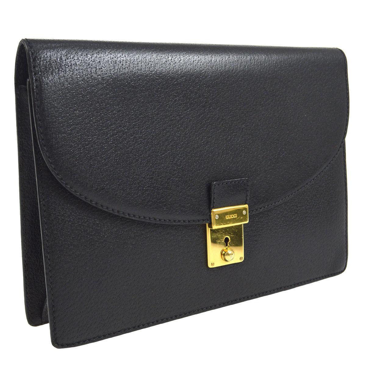 Gucci Black Leather Envelope Flip Lock Evening Clutch Wristlet Flap Bag