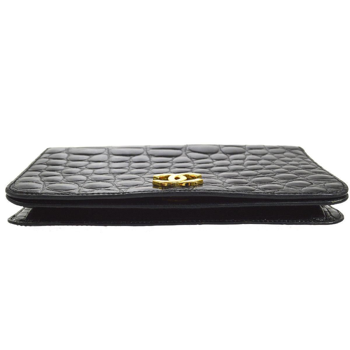 Chanel Rare Black Crocodile Leather Gold Evening 2 in 1 Clutch Shoulder Flap Bag 1