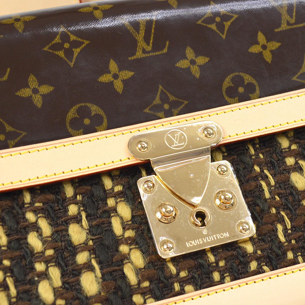 Louis Vuitton Limited Edition Monogram Leather Tweed Top Handle Satchel Kelly Style Flap Bag

Leather 
Tweed
Metal
Gold tone hardware
Flip lock closure
Woven lining 
Adjustable shoulder  strap drop 8.75-9.5