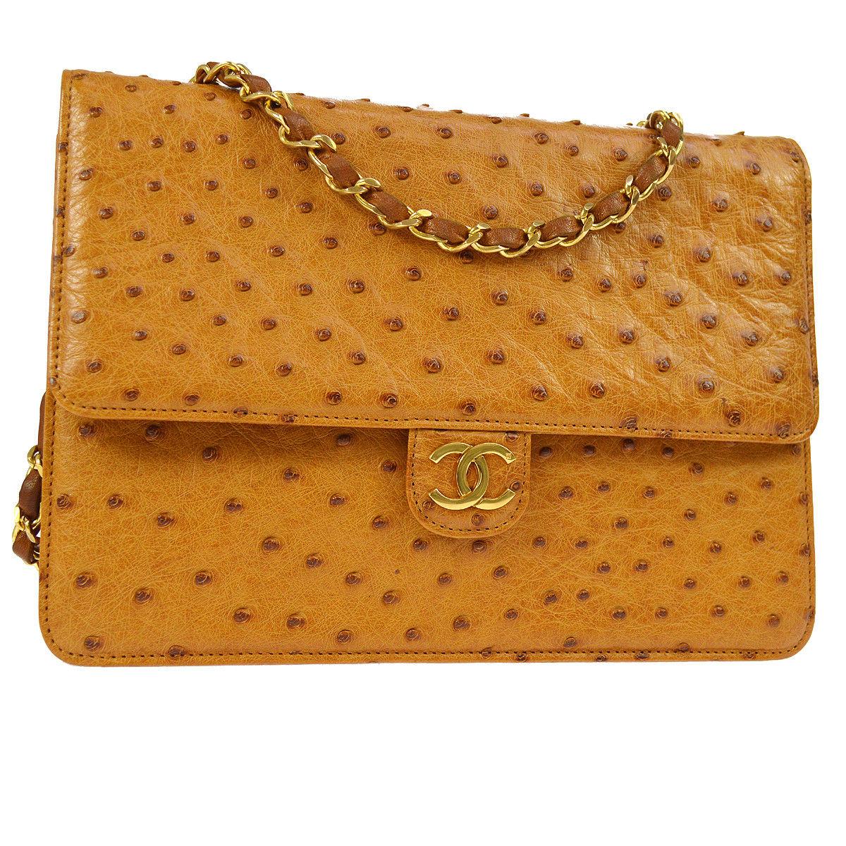 Chanel Rare Exotic Cognac Ostrich Leather Gold Single Evening Shoulder Flap Bag
