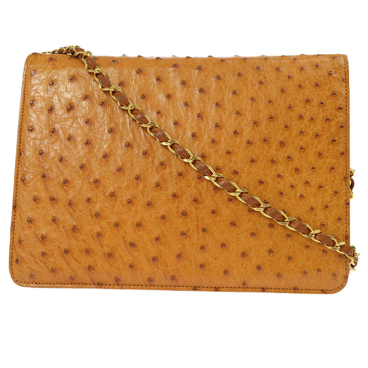 Women's Chanel Rare Exotic Cognac Ostrich Leather Gold Single Evening Shoulder Flap Bag