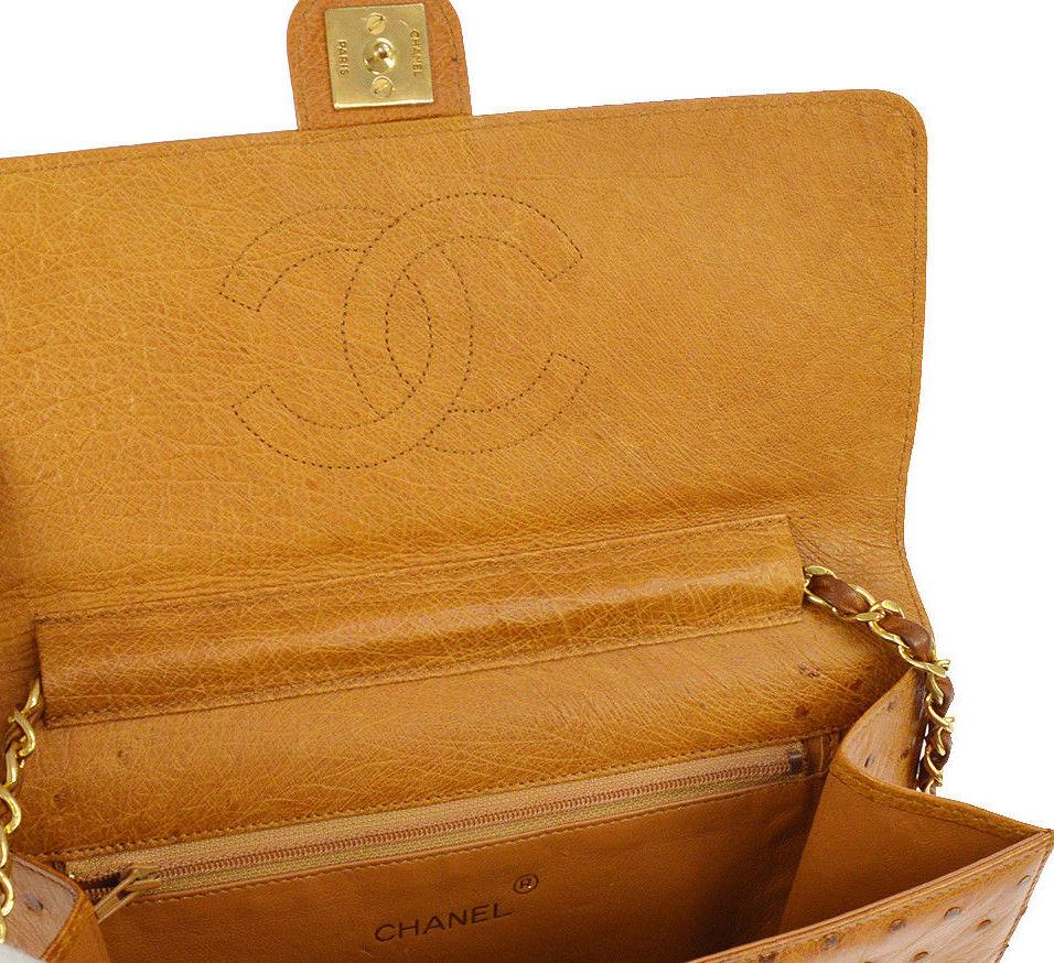 Chanel Rare Exotic Cognac Ostrich Leather Gold Single Evening Shoulder Flap Bag 2