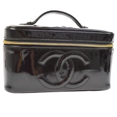 Retro Chanel Black Patent Leather Top Handle Satchel Travel Vanity Cosmetic Bag