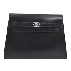 Hermes Rare Black Leather Silver Turnlock Evening Flap Clutch Bag 