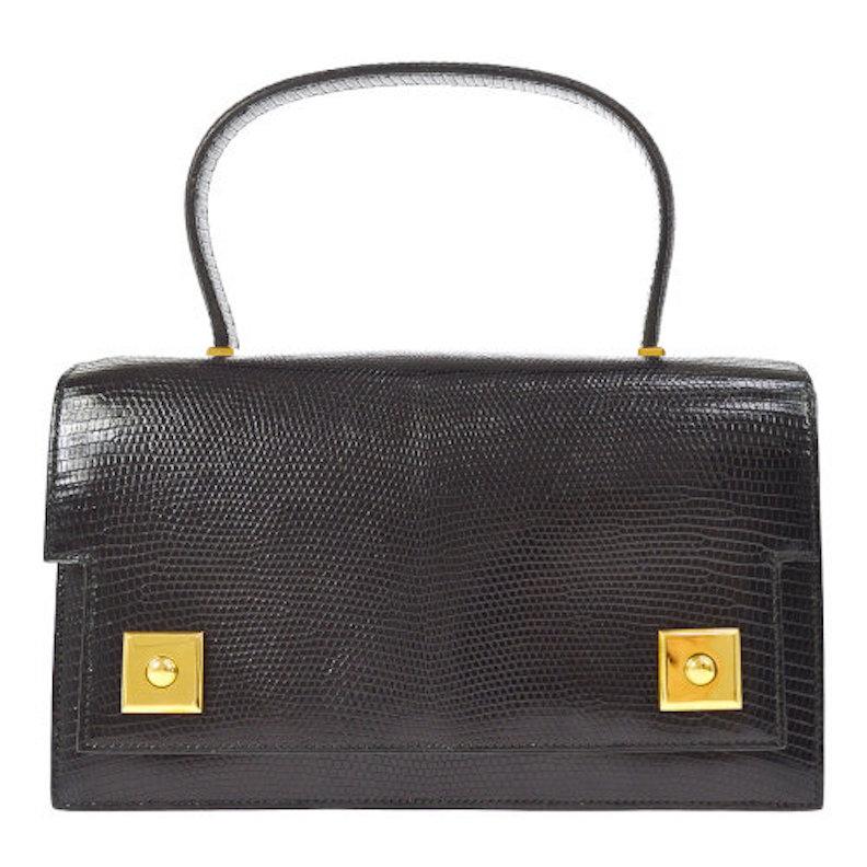 Hermes Black Lizard Leather Evening Gold Stud Top Handle Satchel Kelly Style Bag