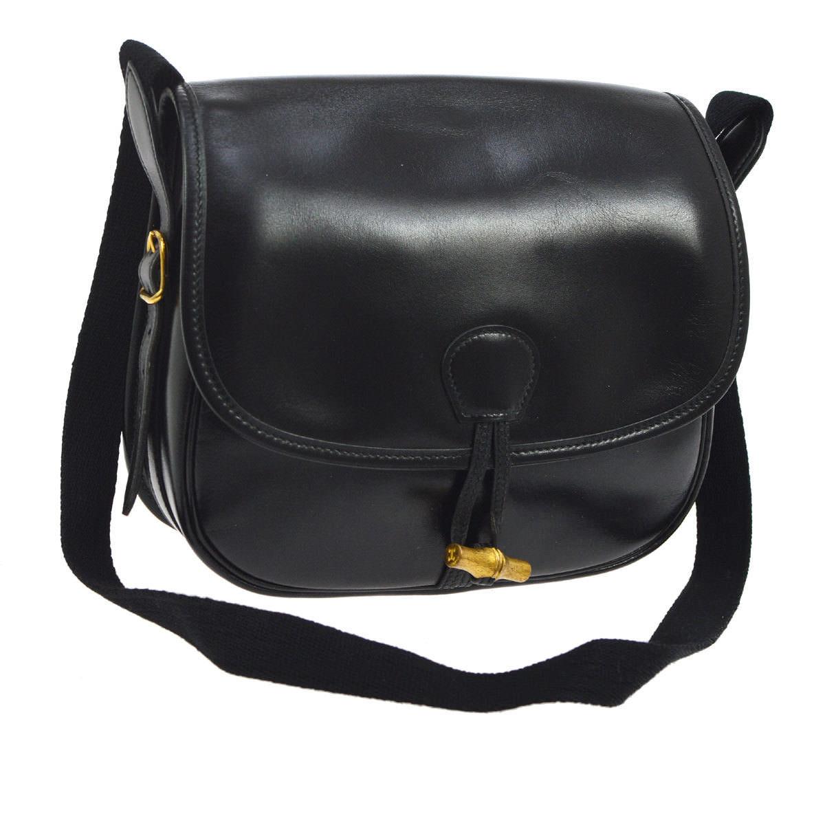 Hermes Black Leather Wood Toggle Shoulder Flap Saddle Bag